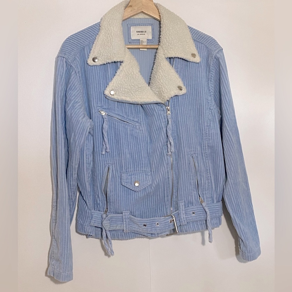 🎈Forever21 women’s  blue corduroy 90’s zip up belted fleece collar jacket S